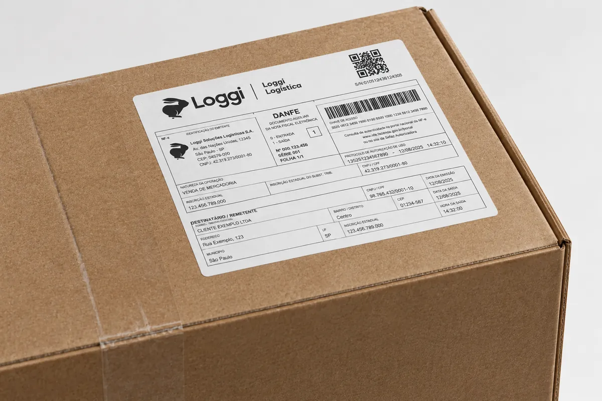 Caixa de papelão com a SGo Print+ colada, com a DANFE da Loggi impressa