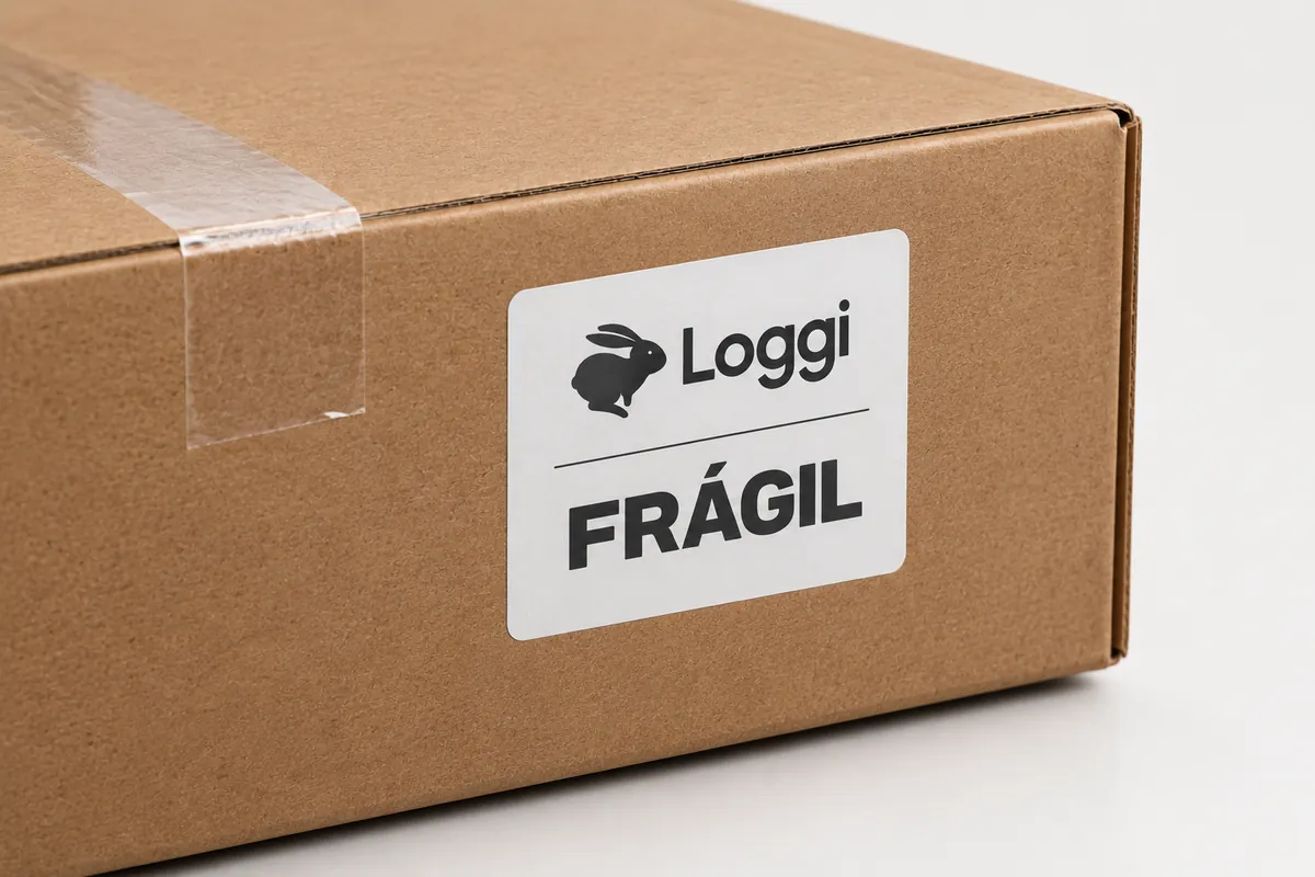 Caixa de papelão com a SGo Print colada, com a etiqueta Frágil da Loggi